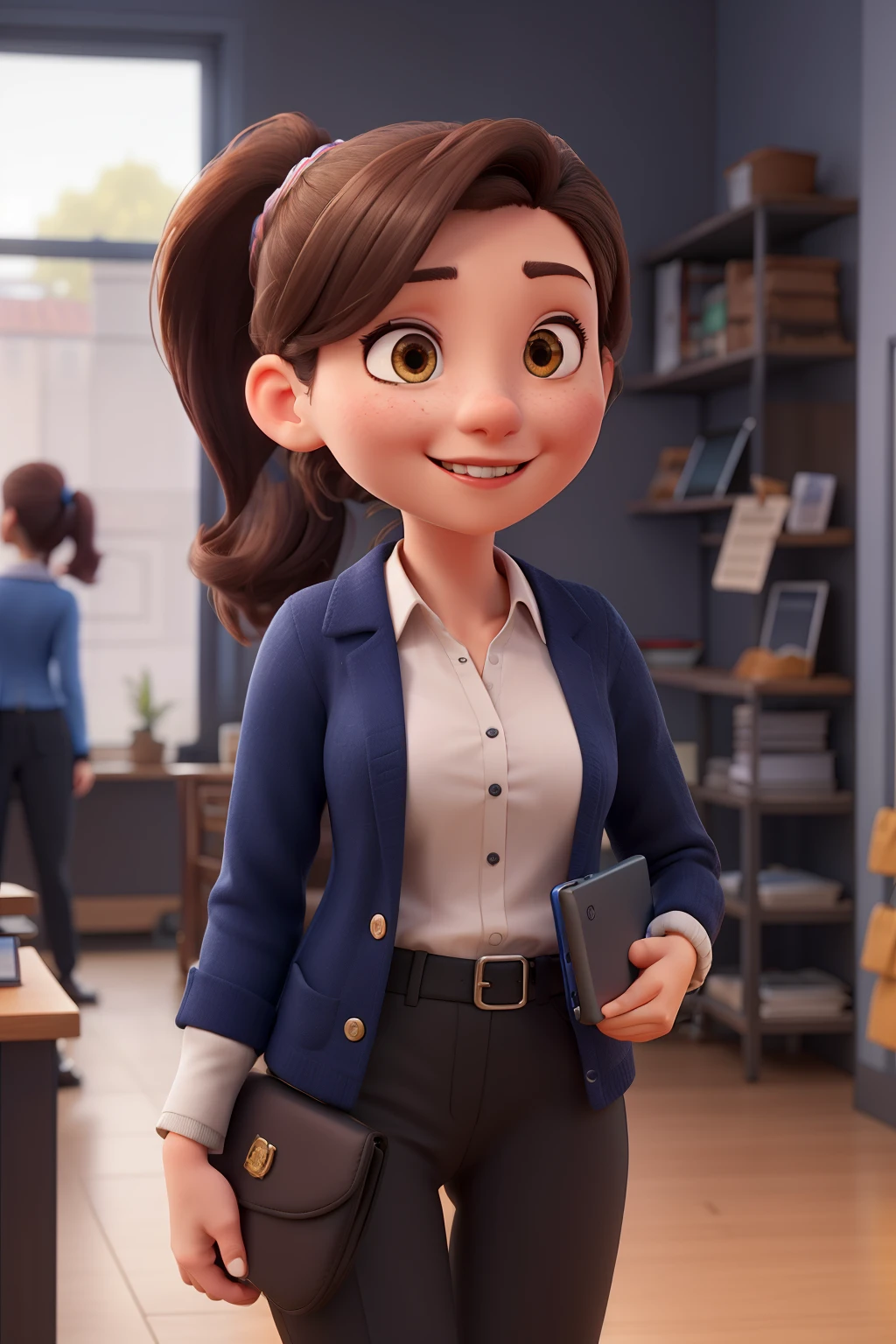 create three images of a 3D female mascot. She should be like a friendly and confident sales professional. She holds a tablet, highlighting her role as a sales professional. She is dressed in a blue blouse, black pants, and a gray cardigan or jacket. Her dark brown hair is tied into a low ponytail. She has a warm smile and bright eyes. The three images should convey an atmosphere of professionalism and friendliness, showing her as a salesperson.