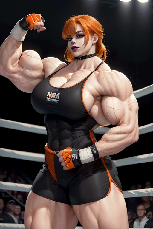 (((((Massive tall, beautiful, buff, pale white skinned woman with orange hair, black lipstick, ginormous bulky muscles and wearing a black pro wrestling suit with shorts))))), close view, massive muscle, massive biceps, hyper muscle shoulders, (massive muscle arms), vascular shoulders, hyper muscle triceps, (long shaggy hair), purple eyes, choker, (knee pads), pro wrestling boots, in a pro wrestling ring, (fingerless gloves), confident smirk, night, hyper vascular arm, hyper muscles arms, hyper muscle legs, (massive arms).