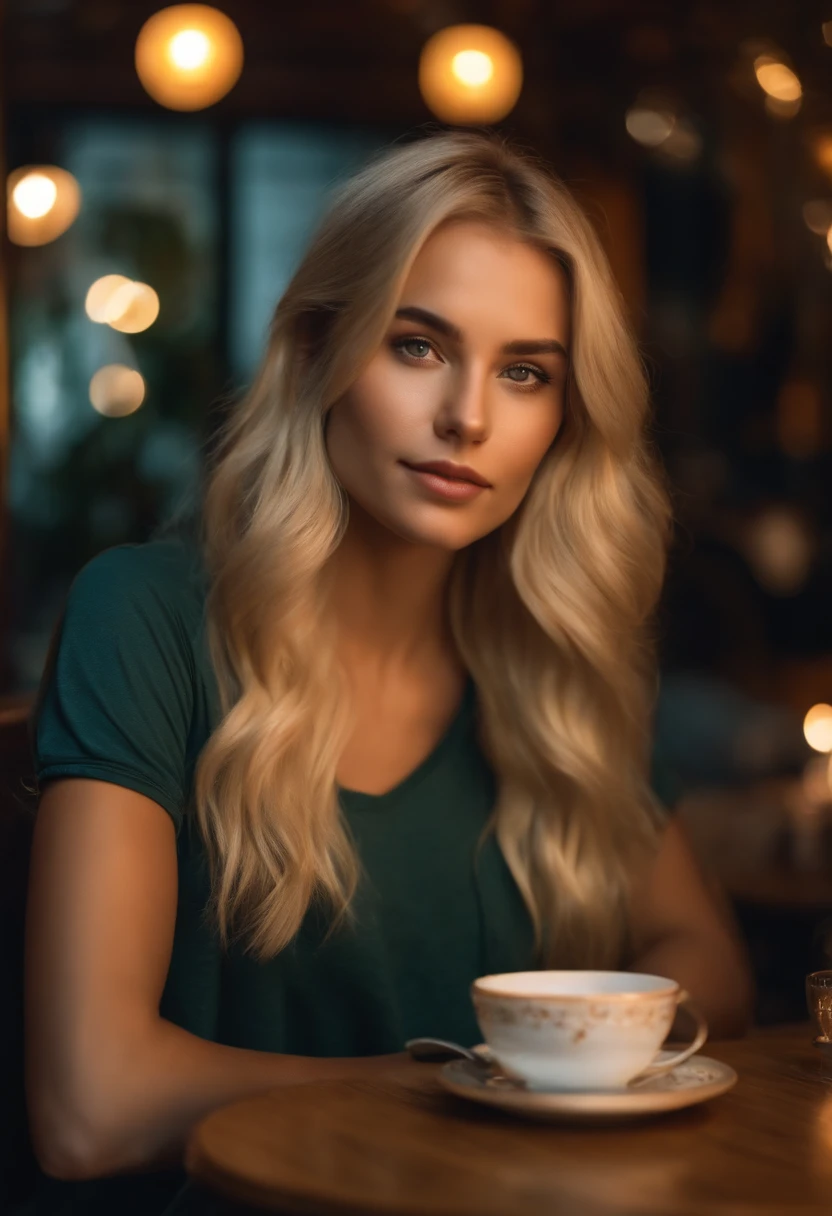 Very beautiful 22 year old blonde in a t-shirt looking directly at the camera sitting in a restaurant drinking tea,imagen cinematografica, con buena luz 