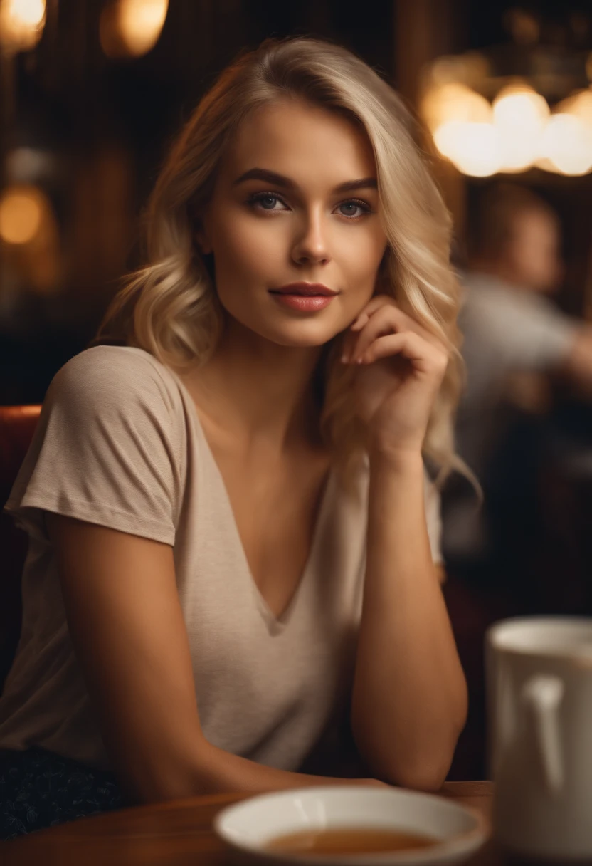 Very beautiful 22 year old blonde in a t-shirt looking directly at the camera sitting in a restaurant drinking tea,imagen cinematografica, con buena luz