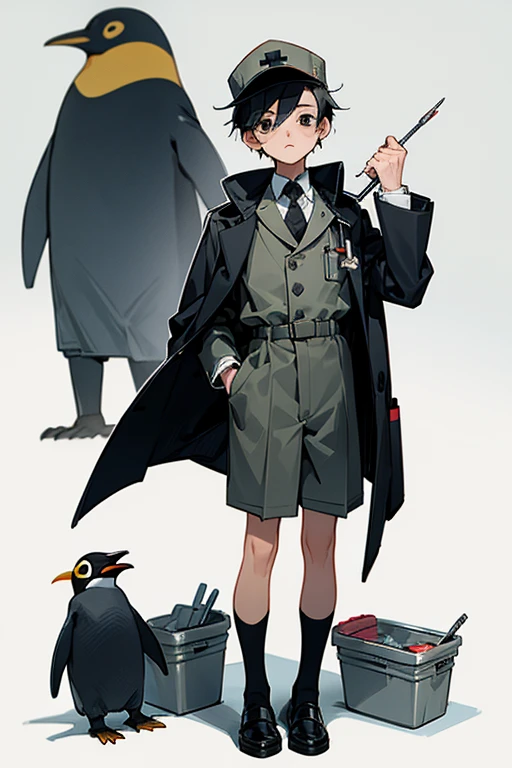 12 year old boy, black hair, black eyes, full body, penguin coat, black stripes shorts, medic cap, penguin Shoes, medical tool kit, nursery, doctor,