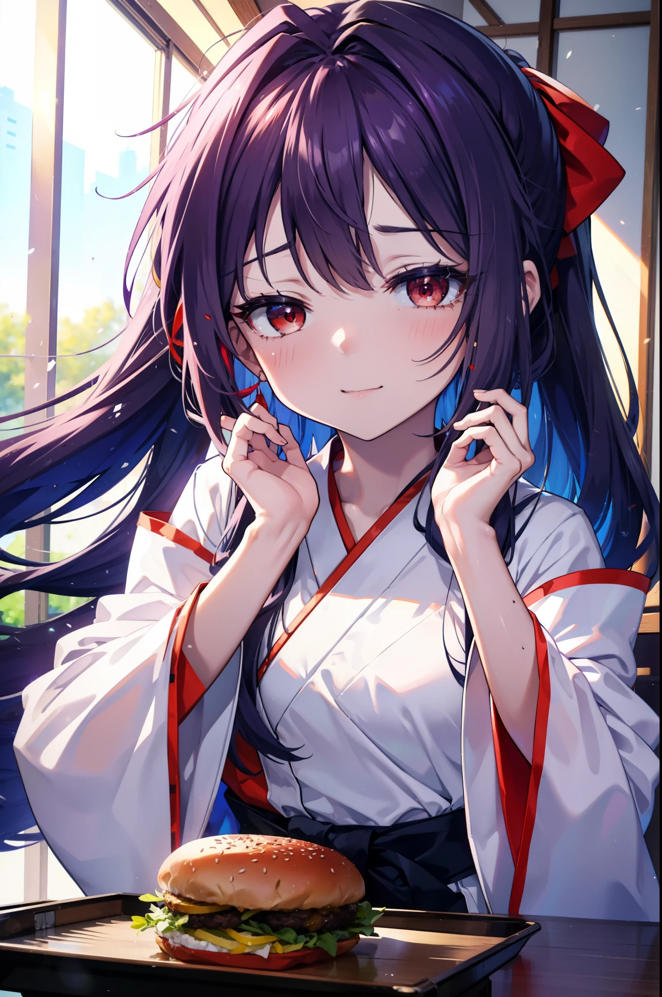 yuukikonno, Konno Yuuki, hair band, Long Hair, Pointed Ears, Purple Hair, (Red eyes:1.5), (Small breasts:1.2), Open your mouth,appy smile, smile, Shut your mouth.,
Bellflower,Shrine maiden,white kimono, Red too,kimono, Same as skirt, Wide sleeves, Long sleeve, Thick sleeves,Red too,White tabi,Sandals,Ribbon Trim Sleeve, Low Ponytail, noon,sunny,background,blue sky,The viewer is 星ing at a pile of burgers on a table., Are standing, 
break looking at viewer, Upper Body, whole body,
break indoors, Burger Shop,
break (masterpiece:1.2), highest quality, High resolution, unity 8k wallpaper, (shape:0.8), (Beautiful and beautiful eyes:1.6), Highly detailed face, Perfect lighting, Extremely detailed CG, (Perfect hands, Perfect Anatomy),