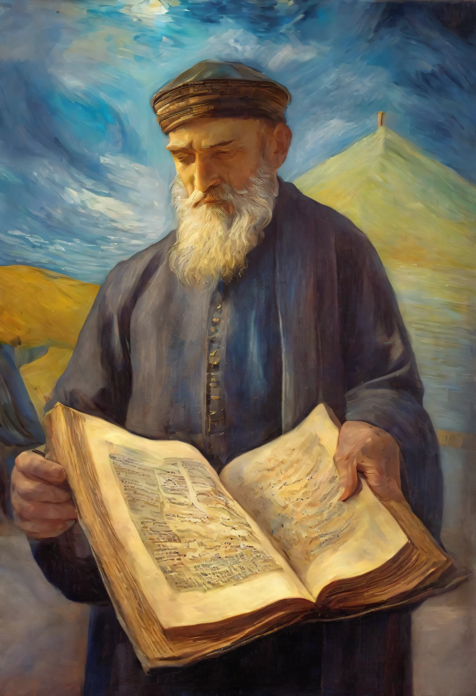 um judeu, with typical Jewish clothes, reading the torah, detailed, oil painting, (best quality,4k,8k,highres,masterpiece:1.2),ultra-detailed,1.37),HDR,UHD,studio lighting,ultra-fine painting,sharp focus,physically-based rendering,extreme detail description,professional,vivid colors,bokeh,portraits,van gogh,renoir,leonardo da vinci