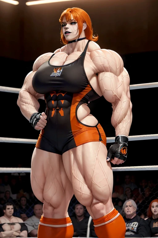 (((((Massive tall, beautiful, buff, pale white skinned woman with orange hair, black lipstick, ginormous bulky muscles and wearing a black pro wrestling suit with shorts))))), close view, massive muscle, massive biceps, hyper muscle shoulders, (massive muscle arms), vascular shoulders, hyper muscle triceps, (long shaggy hair), purple eyes, choker, (knee pads), pro wrestling boots, in a pro wrestling ring, (fingerless gloves), confident smirk, night, hyper vascular arm, hyper muscles arms, hyper muscle legs, (massive arms).