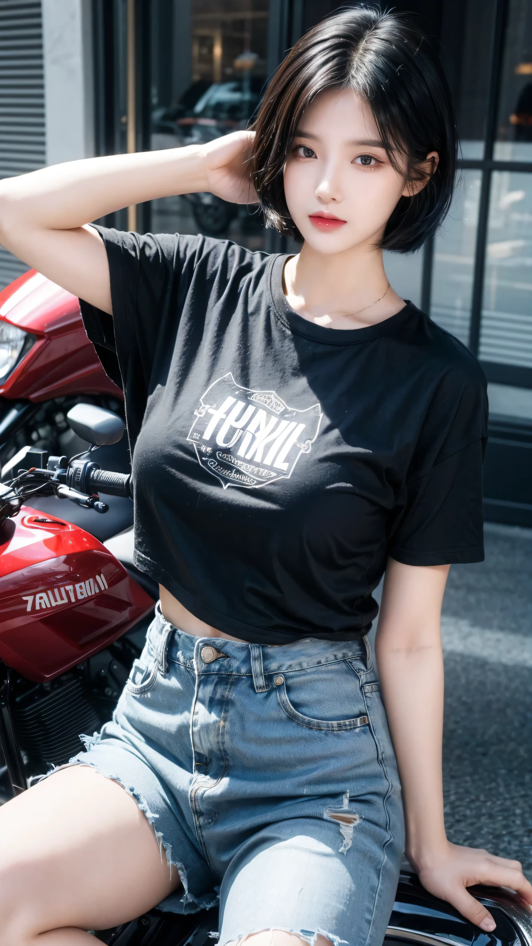 best quality, photo RAW with 1/3 rule,  1 Girl, dark blue hair, black eyes, Very short hair, Spiky hair, dark blue oversize t-shirt, High waist short jeans, 171 cm, Messy hair, Hair between the eyes, Medium breasts, full, Tomboy, aldult, 20 years old, 1 Girl near red down motorcycle