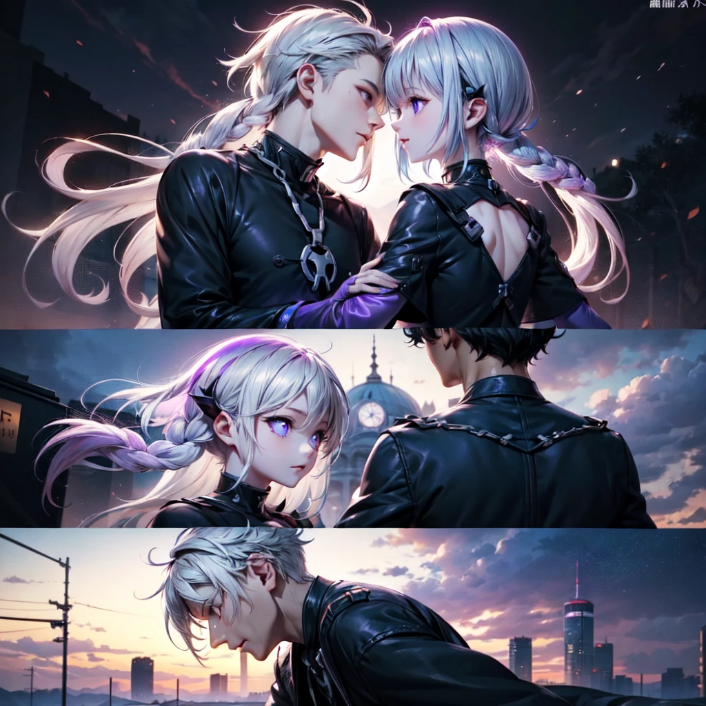 Disorganized、Man and woman couple、highest quality、Masterpiece、Official Art、16K、The best composition、The best light source、The girl has milky white hair with purple inner color, twin long braids, and black clothes in a cyberpunk style.、The man has milky white short hair and a cyberpunk look in white and light blue.、Gazing at each other、A kind smile、