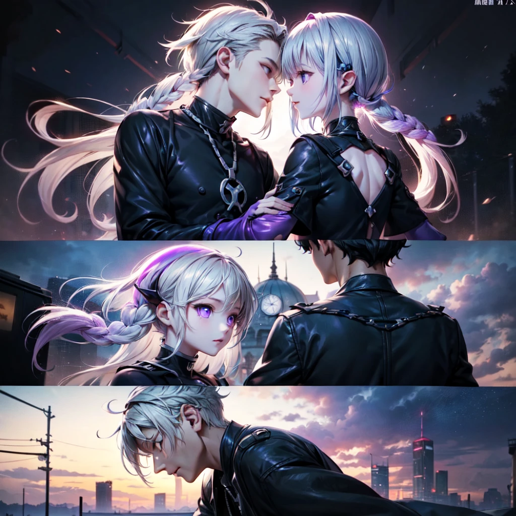 Disorganized、Man and woman couple、highest quality、Masterpiece、Official Art、16K、The best composition、The best light source、The girl has milky white hair with purple inner color, twin long braids, and black clothes in a cyberpunk style.、The man has milky white short hair and a cyberpunk look in white and light blue.、Gazing at each other、A kind smile、