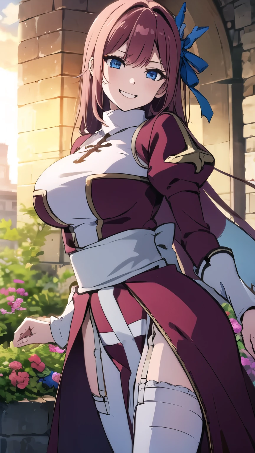 masterpiece, best quality, asuna ichinose, blue eyes, very long red hair, hair ribbon, solo, 1 girl, flower garden, outdoors, standing, cross, bow, grin, floating hair, looking at viewer, massive breasts, big breasts, clock tower, front view, leaning forward, upper body, cowboy shot, sunset,
