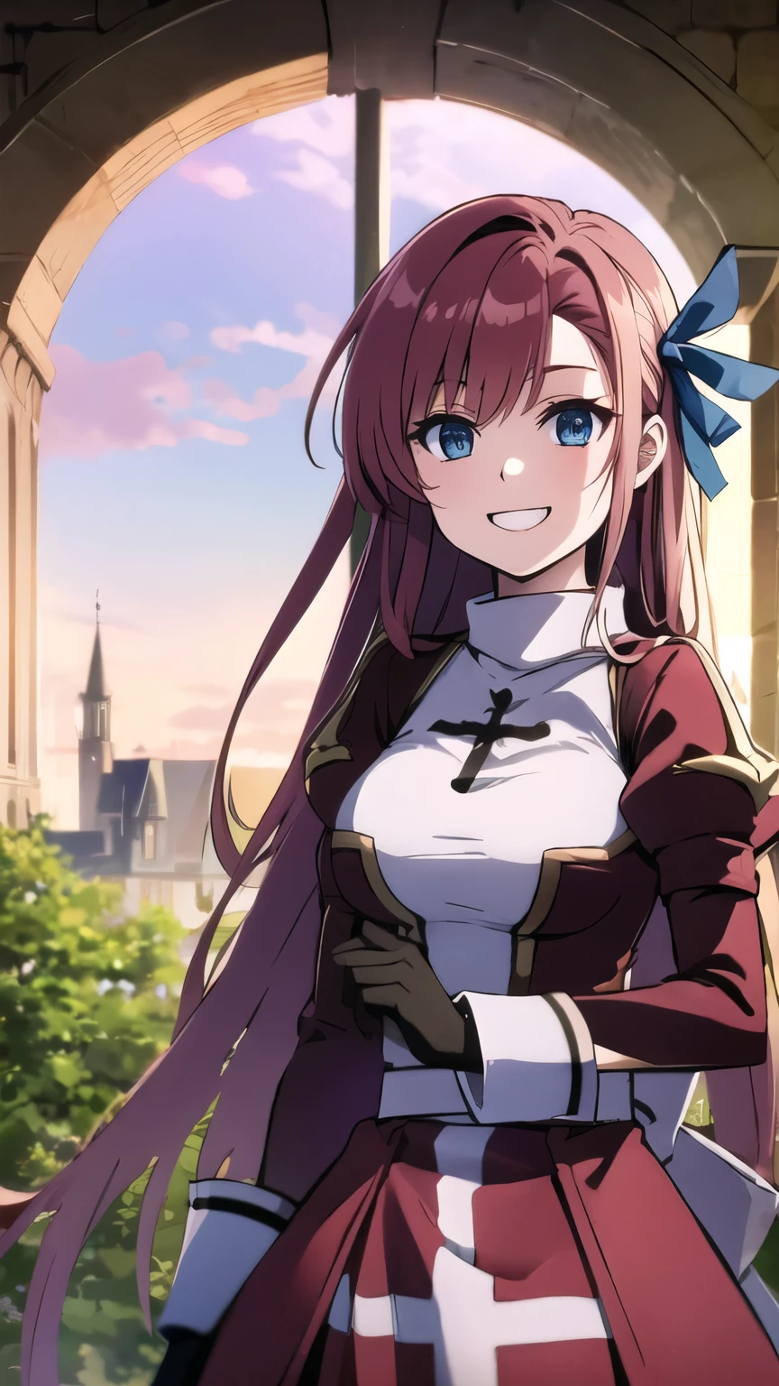 masterpiece, best quality, asuna ichinose, blue eyes, very long red hair, hair ribbon, solo, 1 girl, flower garden, outdoors, standing, cross, bow, grin, floating hair, looking at viewer, massive breasts, big breasts, clock tower, front view, leaning forward, upper body, cowboy shot, sunset,
