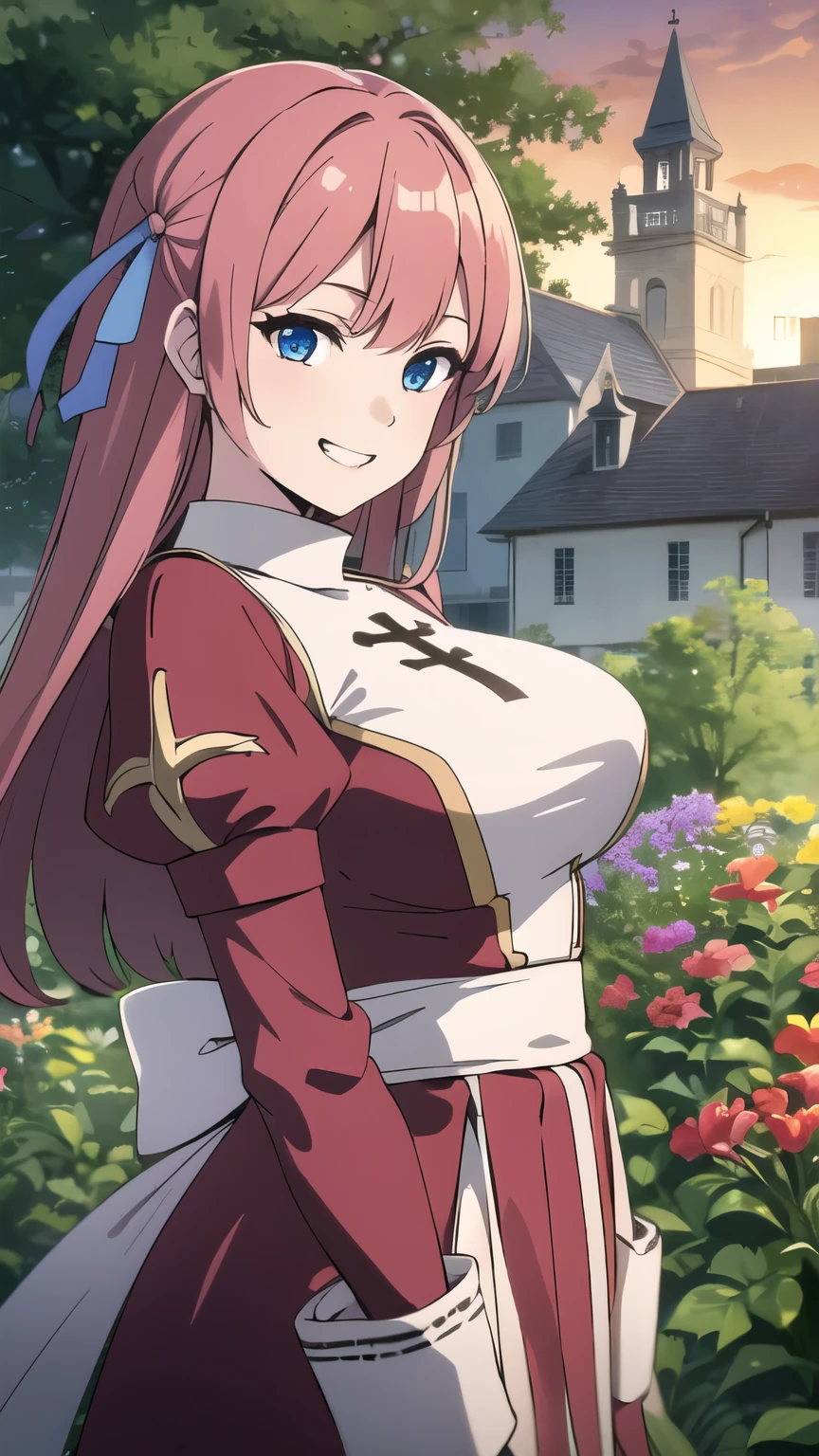 masterpiece, best quality, asuna ichinose, blue eyes, very long red hair, hair ribbon, solo, 1 girl, flower garden, outdoors, standing, cross, bow, grin, floating hair, looking at viewer, massive breasts, big breasts, clock tower, front view, leaning forward, upper body, cowboy shot, sunset,
