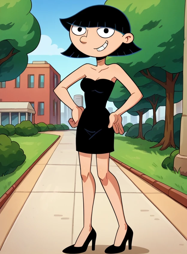 score_9_up,score_8_up,score_7_up,score_6_up,score_5_up,score_4_up BREAK rhonda, black hair, black eyes, bob cut, blunt bangs, small breast, black high heels, strapless, black sweetheart dress, black pencil skirt, contrapposto, left hand on own hip, park, right arm at side, trees, city building, smile, cowboy shot, looking at viewer,  walking in the park