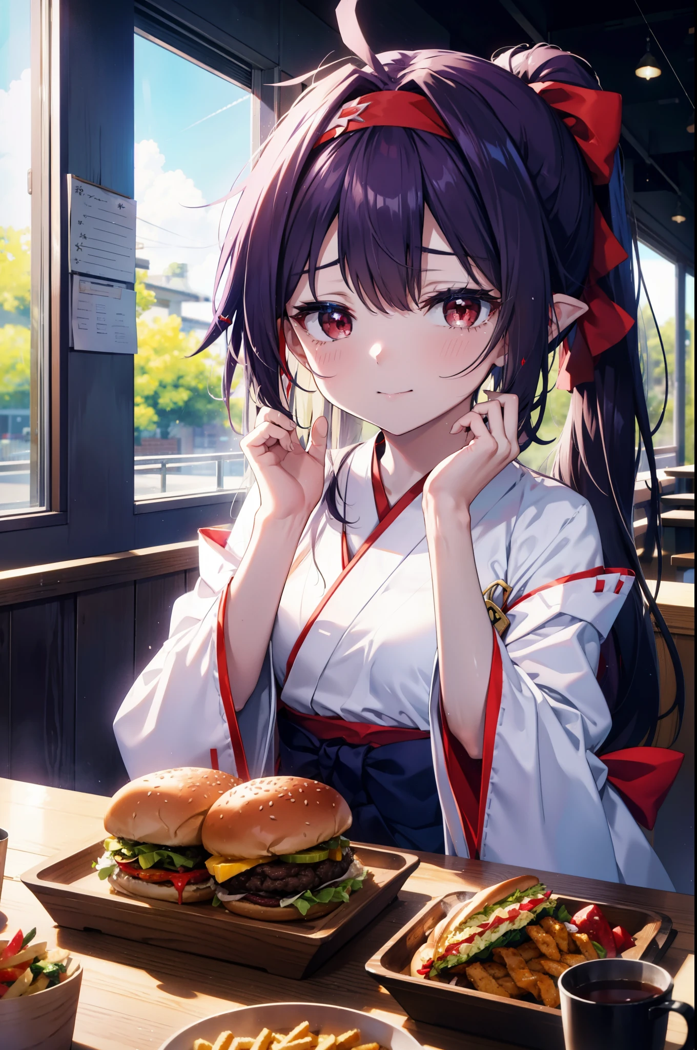 yuukikonno, Konno Yuuki, hair band, Long Hair, Pointed Ears, Purple Hair, (Red eyes:1.5), (Small breasts:1.2), Open your mouth,appy smile, smile, Shut your mouth.,
Bellflower,Shrine maiden,white kimono, Red too,kimono, Same as skirt, Wide sleeves, Long sleeve, Thick sleeves,Red too,White tabi,Sandals,Ribbon Trim Sleeve, Low Ponytail, noon,sunny,background,blue sky,The viewer is 星ing at a pile of burgers on a table., Are standing, whole bodyがイラストに入るように,
break looking at viewer, whole body,
break indoors, Burger Shop,
break (masterpiece:1.2), highest quality, High resolution, unity 8k wallpaper, (shape:0.8), (Beautiful and beautiful eyes:1.6), Highly detailed face, Perfect lighting, Extremely detailed CG, (Perfect hands, Perfect Anatomy),