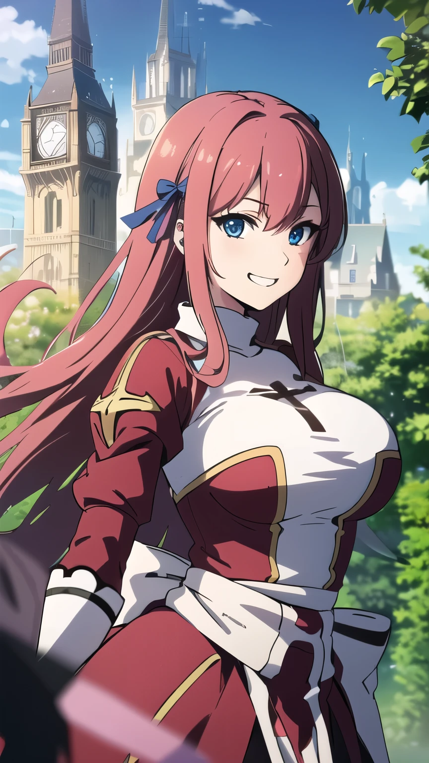 masterpiece, best quality, asuna ichinose, blue eyes, very long red hair, hair ribbon, solo, 1 girl, flower garden, outdoors, standing, cross, bow, grin, floating hair, looking at viewer, massive breasts, big breasts, clock tower, front view, leaning forward, upper body, cowboy shot,
