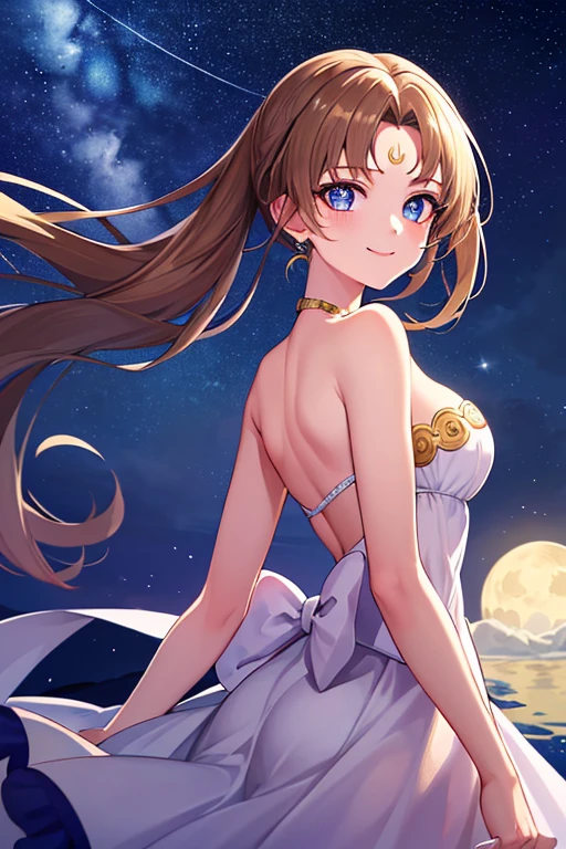 ((best quality)), ((highly detailed)), masterpiece, absurdres, (detailed eyes, deep eyes), (1girl), dynamic pose,  long dark brown hair (to her back), smiling, Princess_white_strapless_dress_huge_back_bow_Golden_crescent_forehead_mark, (at a floating island, midnight, night sky, stars, moonlight, shooting star)