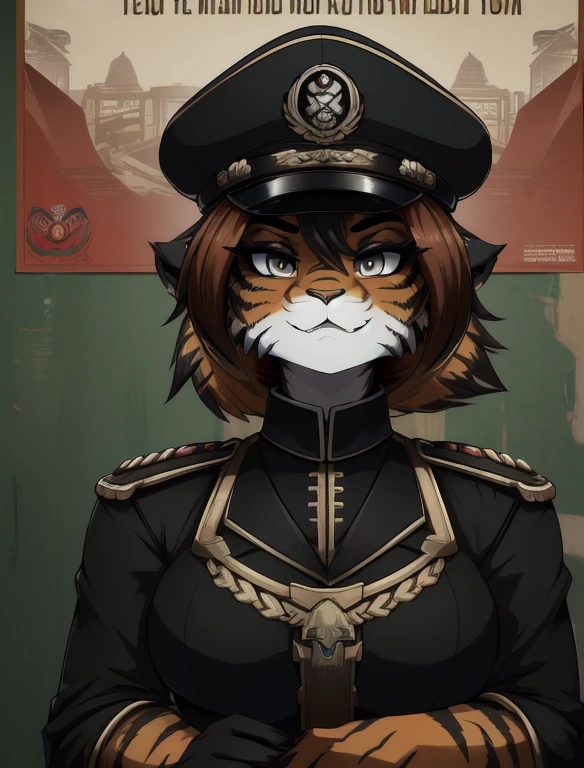 Warhammer_40 thousand_Commissar,((masterpiece)), (Best quality), (detailed), Black uniform, mascara, Eyeliner, eyeshadow, Upper body, pomade, женщина anthro furry tiger, Propaganda poster, wicked, bristle,
(8k contract, masterpiece, Best quality, High quality, absurdity, ultra-detailed)
