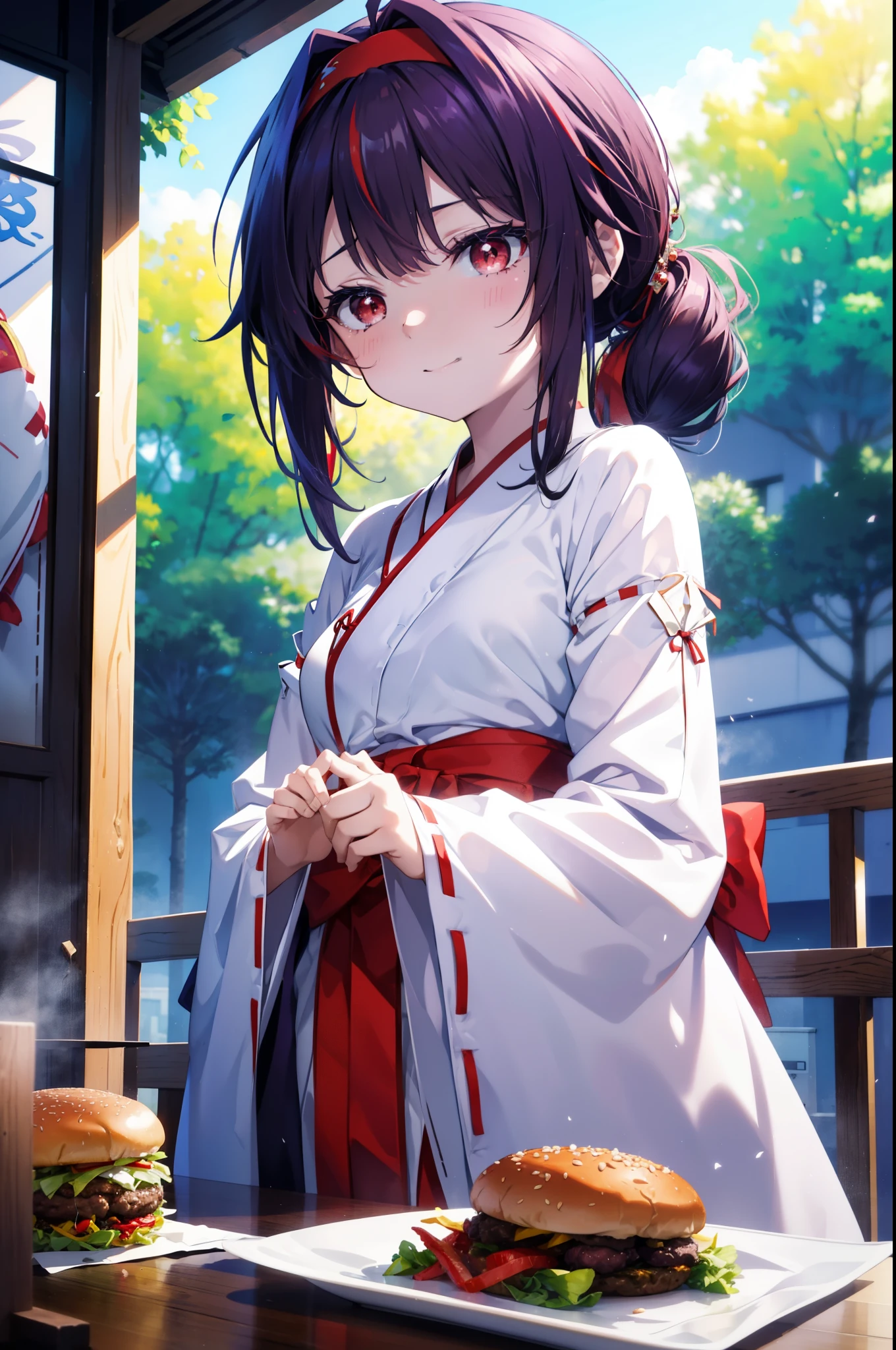 yuukikonno, Konno Yuuki, hair band, Long Hair, Pointed Ears, Purple Hair, (Red eyes:1.5), (Small breasts:1.2), Open your mouth,appy smile, smile, Shut your mouth.,
Bellflower,Shrine maiden,white kimono, Red too,kimono, Same as skirt, Wide sleeves, Long sleeve, Thick sleeves,Red too,White tabi,Sandals,Ribbon Trim Sleeve, Low Ponytail, noon,sunny,background,blue sky,The viewer is 星ing at a pile of burgers on a table., Are standing, 
break looking at viewer, Upper Body, whole body,
break indoors, Burger Shop,
break (masterpiece:1.2), highest quality, High resolution, unity 8k wallpaper, (shape:0.8), (Beautiful and beautiful eyes:1.6), Highly detailed face, Perfect lighting, Extremely detailed CG, (Perfect hands, Perfect Anatomy),