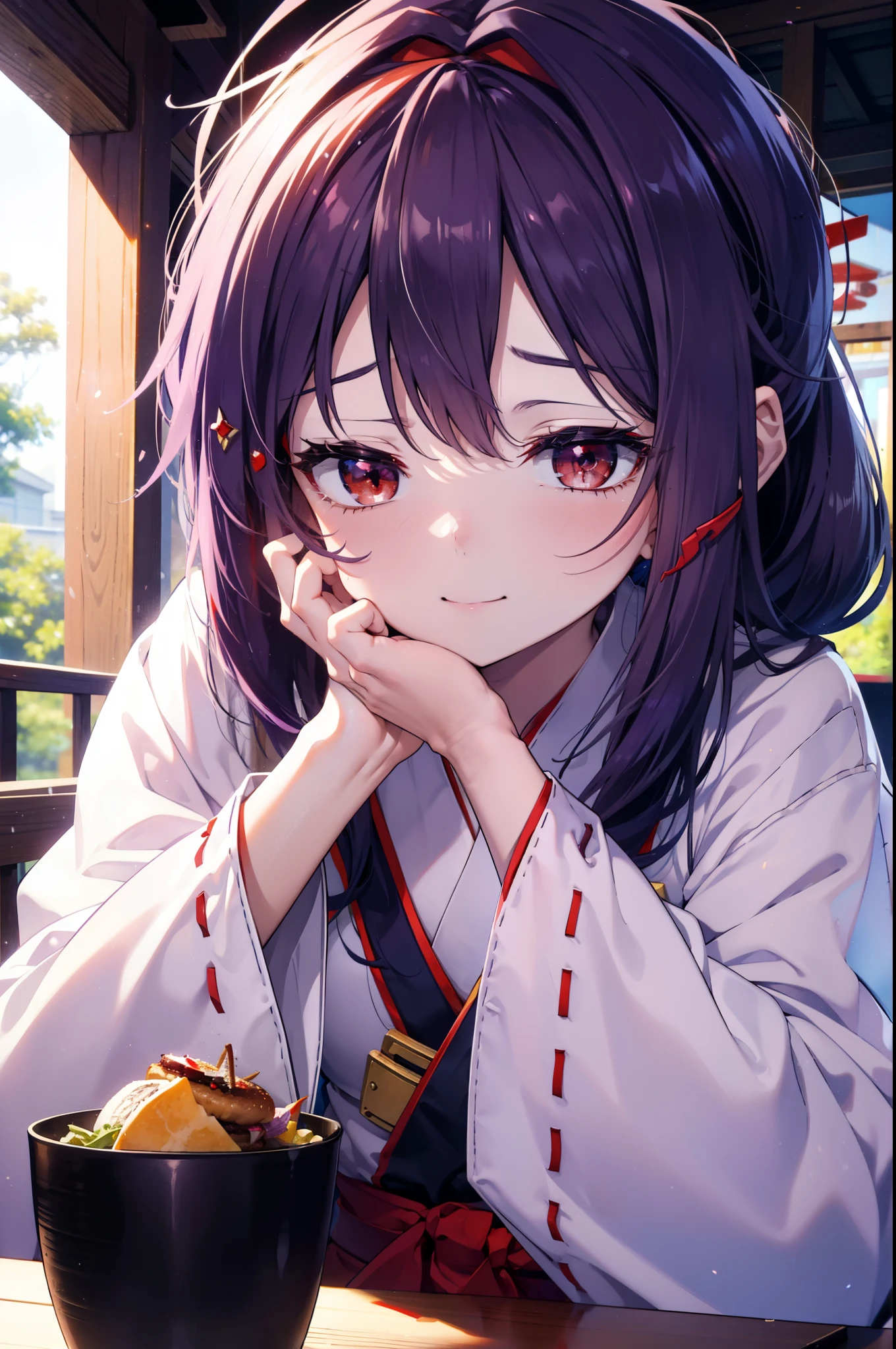 yuukikonno, Konno Yuuki, hair band, Long Hair, Pointed Ears, Purple Hair, (Red eyes:1.5), (Small breasts:1.2), Open your mouth,appy smile, smile, Shut your mouth.,
Bellflower,Shrine maiden,white kimono, Red too,kimono, Same as skirt, Wide sleeves, Long sleeve, Thick sleeves,Red too,White tabi,Sandals,Ribbon Trim Sleeve, Low Ponytail, noon,sunny,background,blue sky,The viewer is 星ing at a pile of burgers on a table., Are standing, 
break looking at viewer, Upper Body, whole body,
break indoors, Burger Shop,
break (masterpiece:1.2), highest quality, High resolution, unity 8k wallpaper, (shape:0.8), (Beautiful and beautiful eyes:1.6), Highly detailed face, Perfect lighting, Extremely detailed CG, (Perfect hands, Perfect Anatomy),