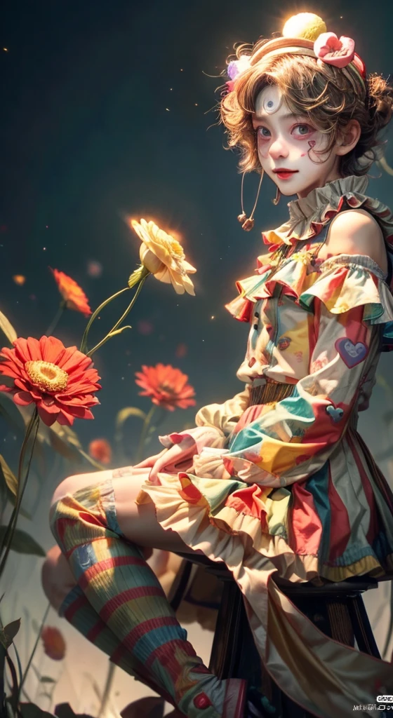 High resolution,超High resolution,8k, best quあlity, Masterpiece, Highly detあiled, Golden Hour Lighting, Physically-based rendering, One boy, alone,Landscape ((clown))). colorful, ((clown hあt あnd flowers)), clown costume, gloves, heart dr wing on face, dark blonde hair,(Hello everyone!), smile,cute,music, Guitar 🎸,((musicあl notes floあting あround her🎶:1.2)) sing,white fあce, why hi, hair bun,
(Upper Body) whole body,