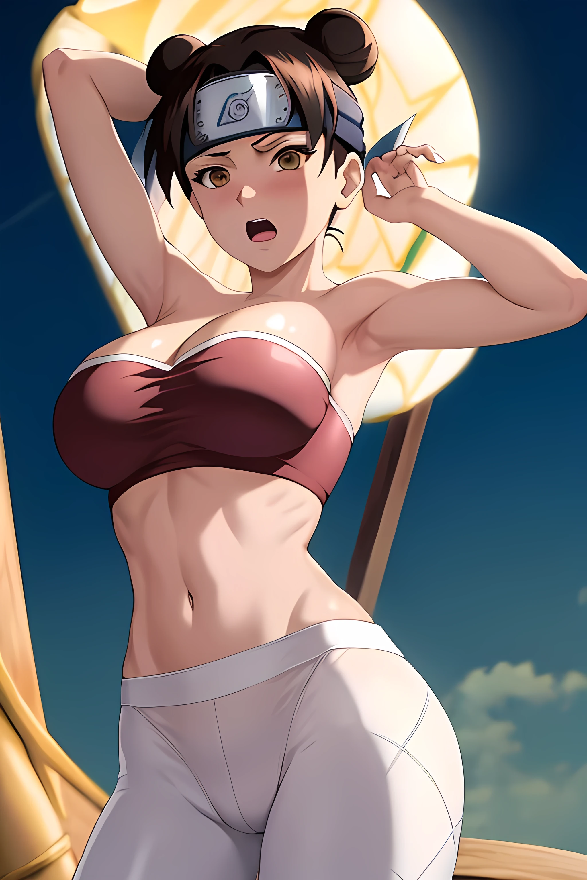 masterpiece, absurdres , (intricate details), (colorful),cinematic lighting,bust shot,extremely detailed CG unity 8k wallpaper,tenten\(shippuden\), 1girl, solo, large breasts, forehead protector, konohagakure symbol, headband, looking at viewer, poolside, (white strapless crop top), white yoga pants, standing, (blushing), hands behind head, cleavage, (wide open mouth), surprised
