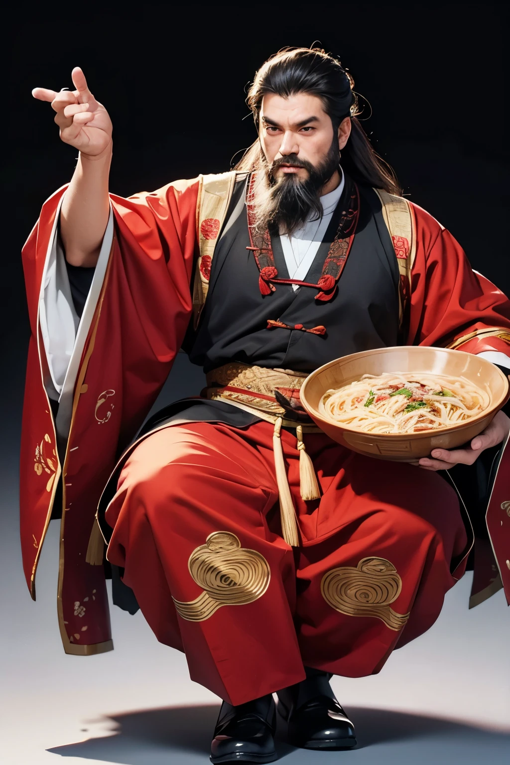 A middle-aged man，With beard and long hair，Wearing traditional Chinese clothing，Pick up noodles from a large bowl with chopsticks，Full body HD picture，Hand gesture six