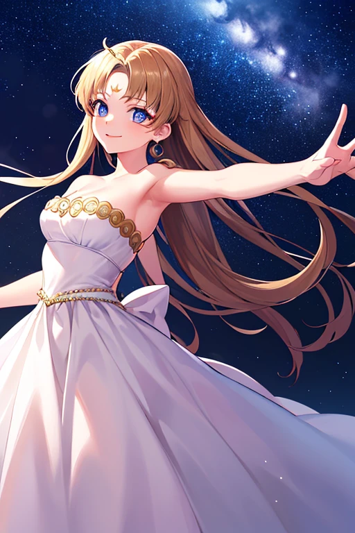 ((best quality)), ((highly detailed)), masterpiece, absurdres, (detailed eyes, deep eyes), (1girl), dynamic pose, long dark brown hair (to her back), smiling, Princess_white_strapless_dress_huge_back_bow_Golden_crescent_forehead_mark, (at a floating island, midnight, night sky, stars, moonlight, shooting star)