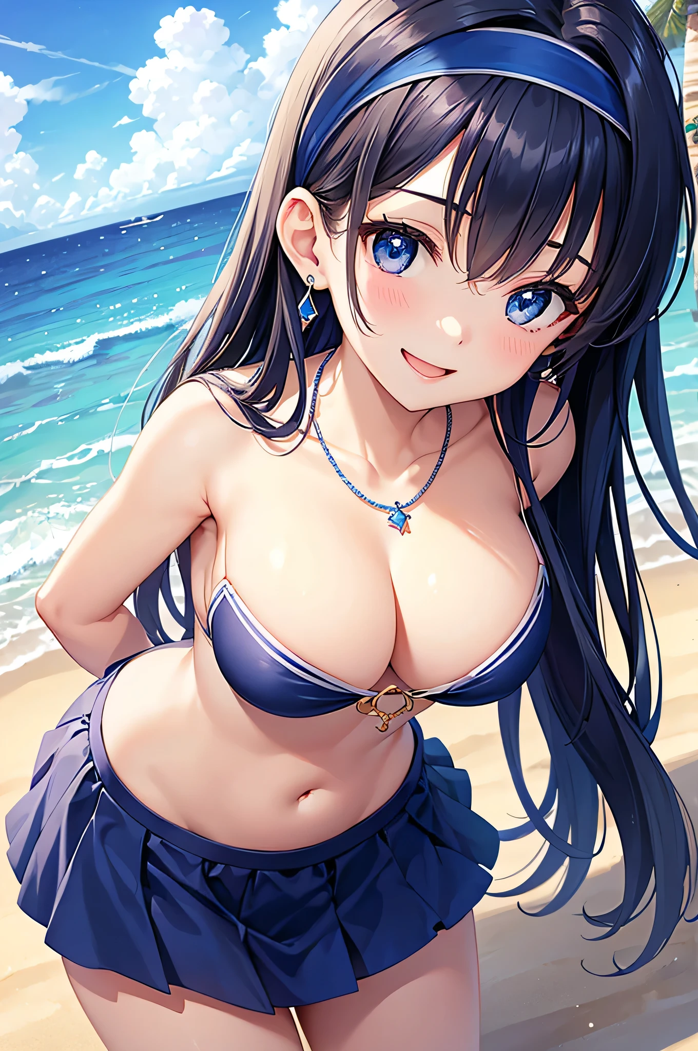 highest quality、Best image quality、masterpiece、beautiful girl、Navy blue long hair、blue eyes、Navy Blue Bikini、Big cleavage、(Big Breasts)、smile、blue necklace、Blue Earrings、background(Beach)、Sexy pose、Please open your mouth wide、White headband、angle(From above)、bracelet、forward leaning posture