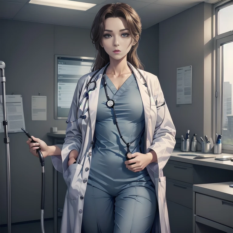 1woman, Sexy doctor, Curly brown hair, Blue eyes, Standing, ((doctors office)), sharp outline, a natural female, 35 year old, Best Quality, masterpiece, doctor_uniform, labcoat, stethoscope, doctor,scrub top,scrub trousersdoctor_uniform, labcoat, stethoscope, doctor