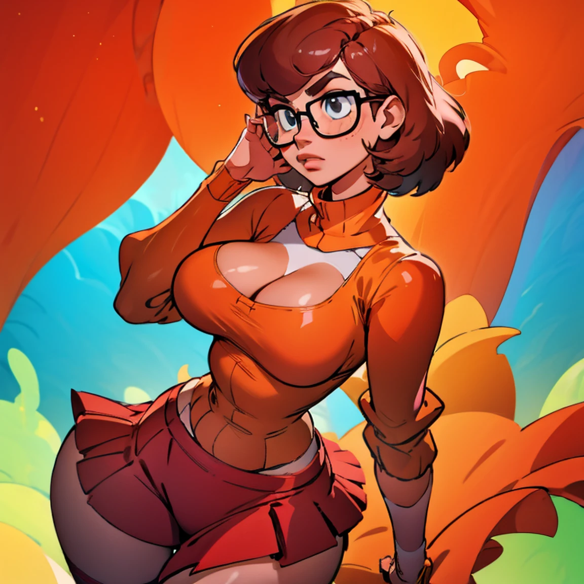 Velma from scooby doo, orange knit sweater, red skirt, frilled red skirt, thick thighs, cowboy shot, big pouty lips, big breasts under sweater, glasses, brown hair, dark brown hair, cleavage, tight clothes detailing breasts niples and cameltoe.