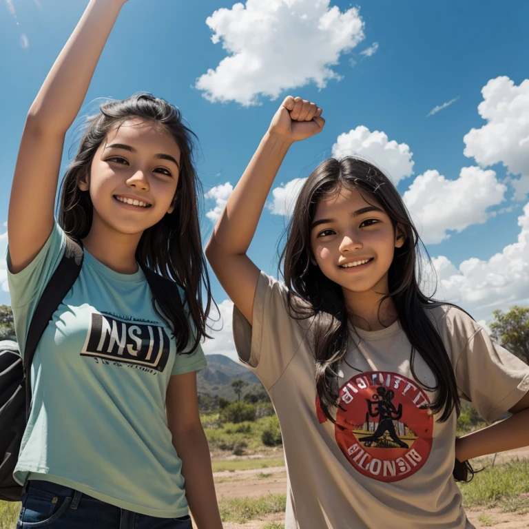 Drawing of Two teenage environmental activists with their fists raised looking at the sky smiling, uno es hombre y la otra es mujer