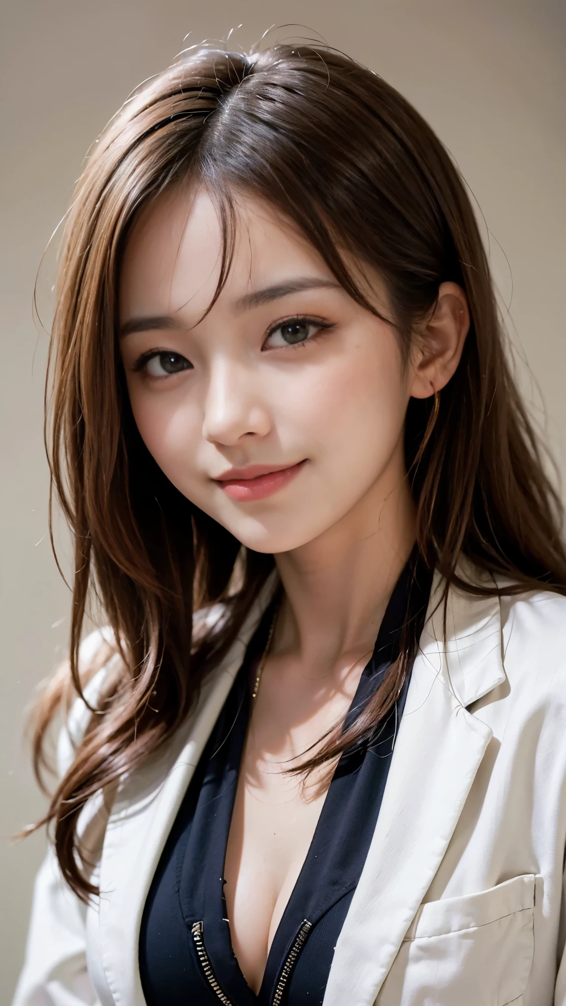 ((highest quality、Masterpiece、High resolution))、(((Zoom photo of upper body)))、(A shy smile:1.2)、One 15-year-old female、Beautiful Skin、Beautiful Eyes、Large Breasts、blazer、shirt、Brown Hair、Trimmed bangs、Wavy Hair