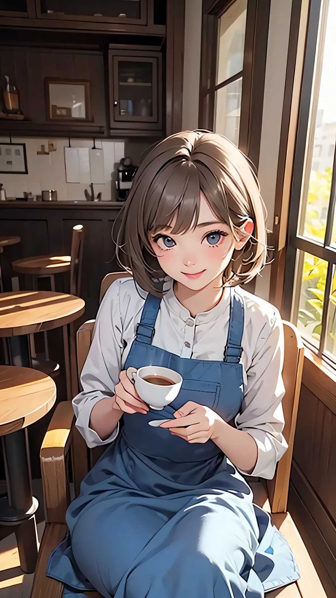 highest quality、Realistic、woman、student、zoom、cute、Grey Eyes、Light brown hair、short hair、Blue long dress、Cafe、smile、Please sit down、drink tea
