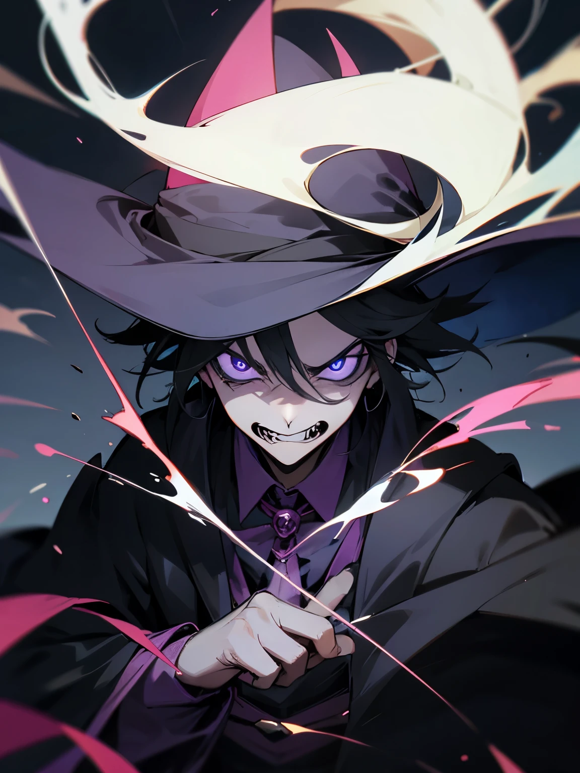 A man in black magician clothes mixed with dark clown clothes, cores escuras, Evil Face, tunica, anime illustration