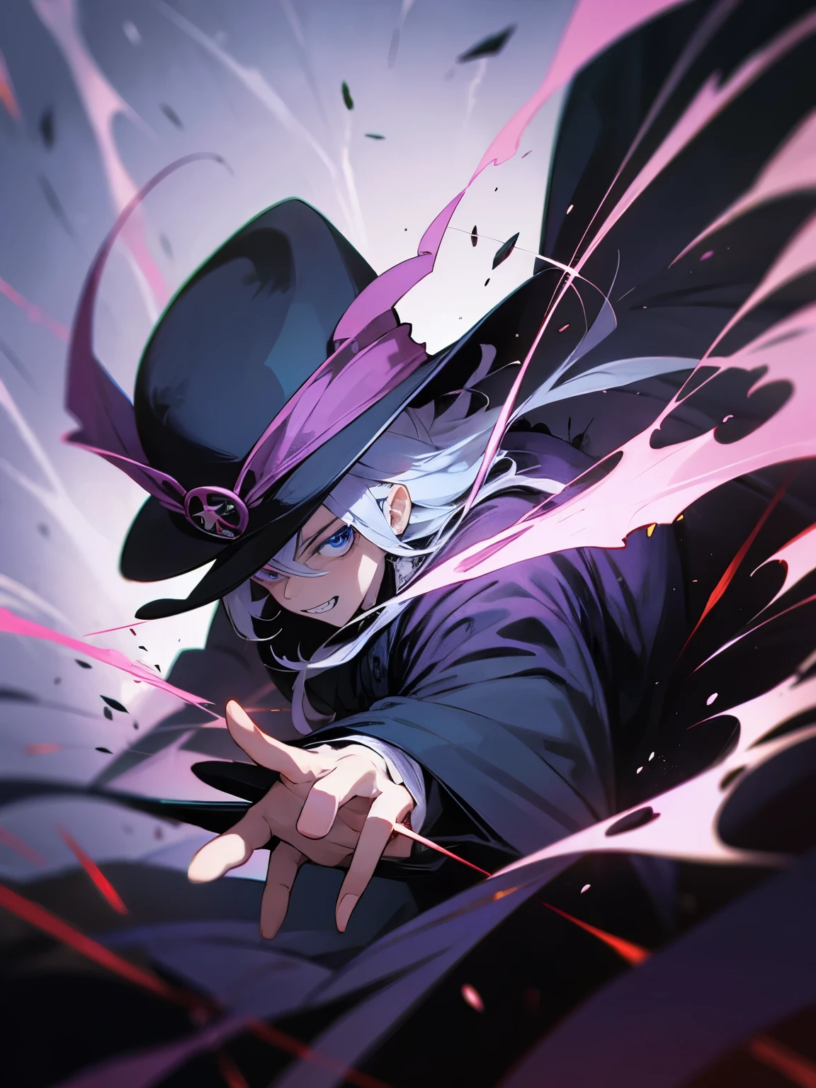A man in black magician clothes mixed with dark clown clothes, cores escuras, Evil Face, tunica, anime illustration 