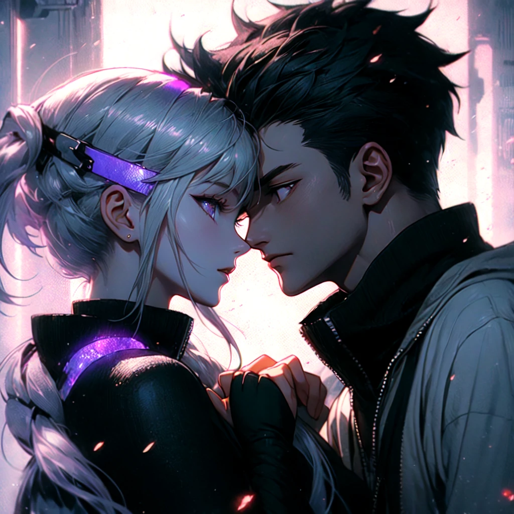 Disorganized、Man and woman couple、highest quality、Masterpiece、Official Art、16K、The best composition、The best light source、The girl has milky white hair with purple inner color, twin long braids, and black clothes in a cyberpunk style.、The man has milky white short hair and a cyberpunk look in white and light blue.、Gazing at each other、A kind smile、