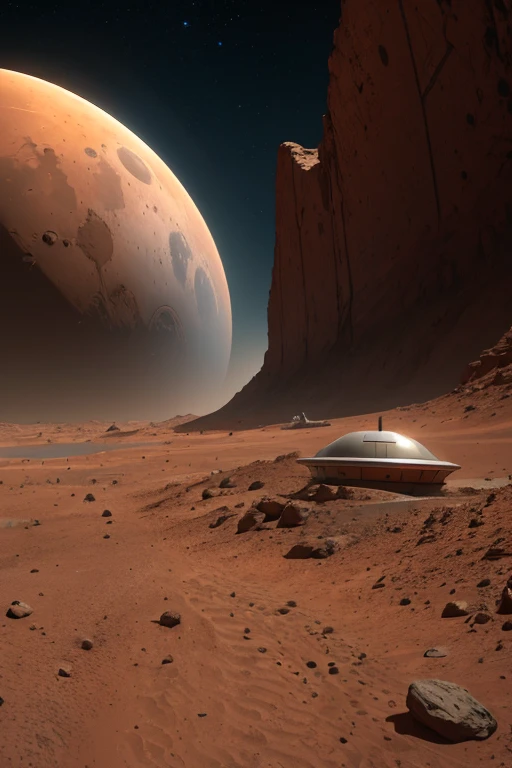 surface of mars, colony, spaceships
