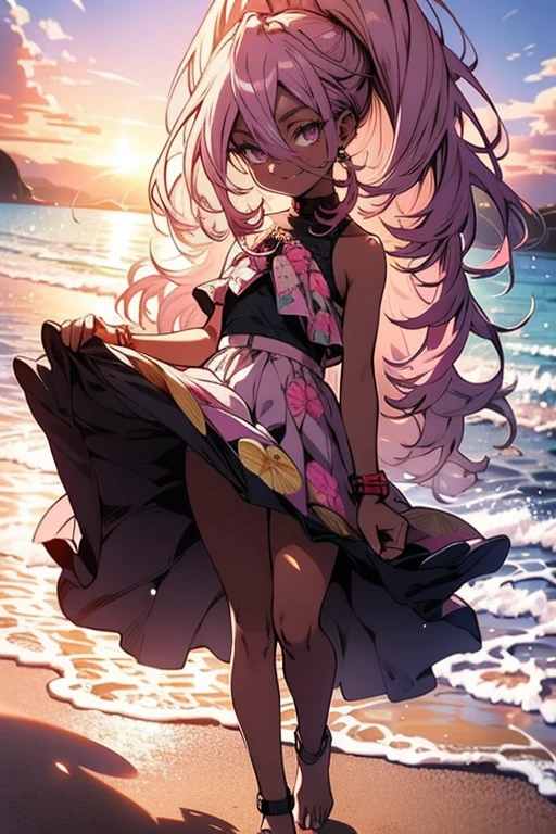 4k, masterpiece, crop top, high detailed, beautiful eyes, long pink hair, high ponytail, purple eyes, mischievous smile, wearing a light, flowing sundress with floral patterns, beach setting, standing barefoot on the sand, gentle waves in the background, bright sunlight, playful and carefree expression, wind lightly blowing her hair and dress, seashells scattered on the sand, summer vibes, relaxed and joyful atmosphere, spider pattern, detailed feet, beautiful eyes, (best quality), (extremely detailed 8K wallpaper), ultra-detailed, cinematic lighting, detailed light, best shadow, anklet, dark skinned, female, Hawaiian, detailed face, beautiful toes, beautiful hands, sunset, two legs,