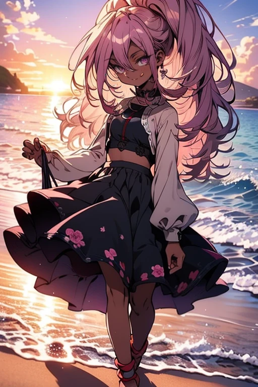 4k, masterpiece, crop top, high detailed, beautiful eyes, long pink hair, high ponytail, purple eyes, mischievous smile, wearing a light, flowing sundress with floral patterns, beach setting, standing barefoot on the sand, gentle waves in the background, bright sunlight, playful and carefree expression, wind lightly blowing her hair and dress, seashells scattered on the sand, summer vibes, relaxed and joyful atmosphere, spider pattern, detailed feet, beautiful eyes, (best quality), (extremely detailed 8K wallpaper), ultra-detailed, cinematic lighting, detailed light, best shadow, anklet, dark skinned, female, Hawaiian, detailed face, beautiful toes, beautiful hands, sunset, two legs,