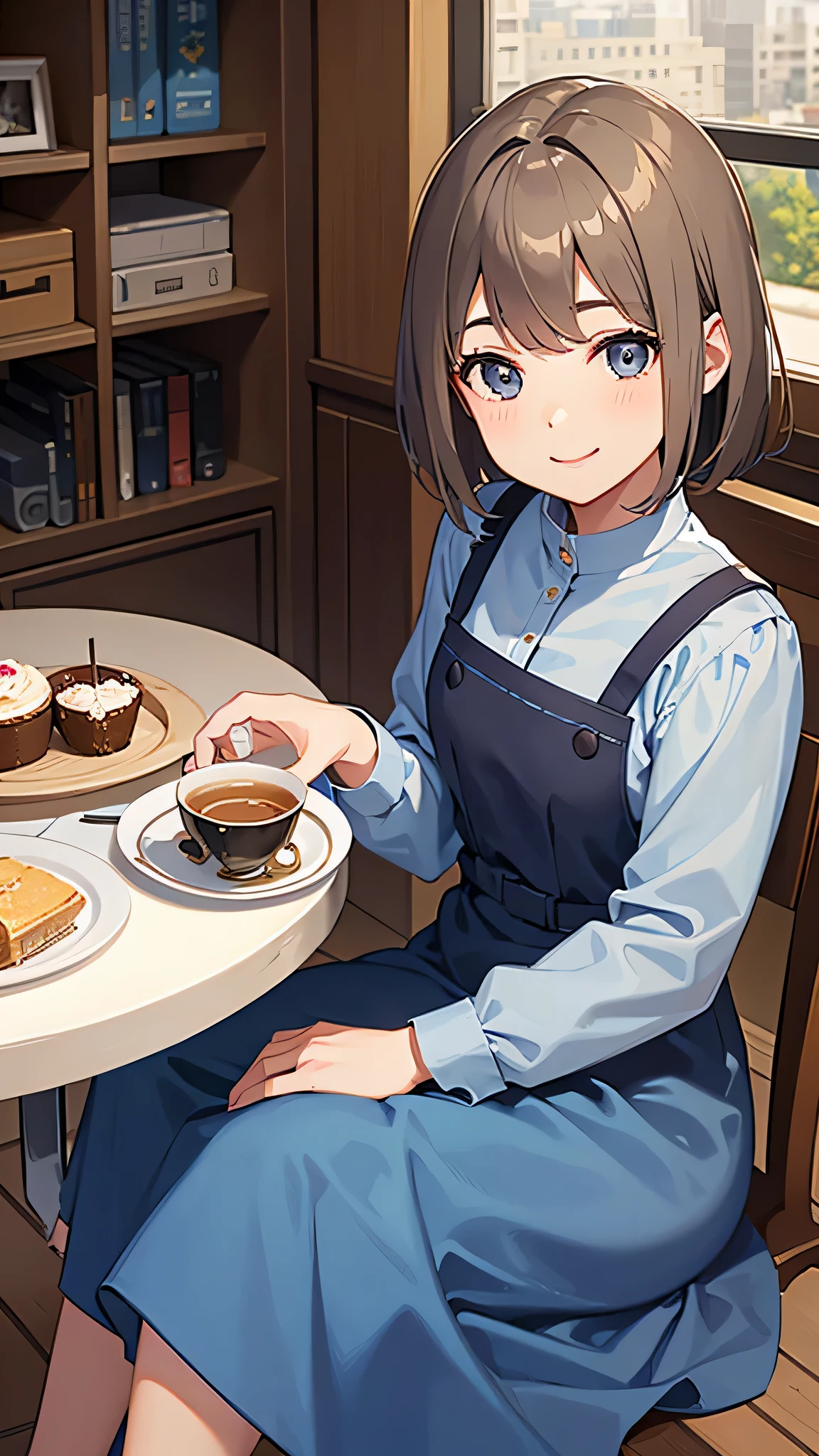 highest quality、Realistic、woman、student、zoom、cute、Grey Eyes、Light brown hair、short hair、Blue long dress、Cafe、smile、Please sit down、drink tea