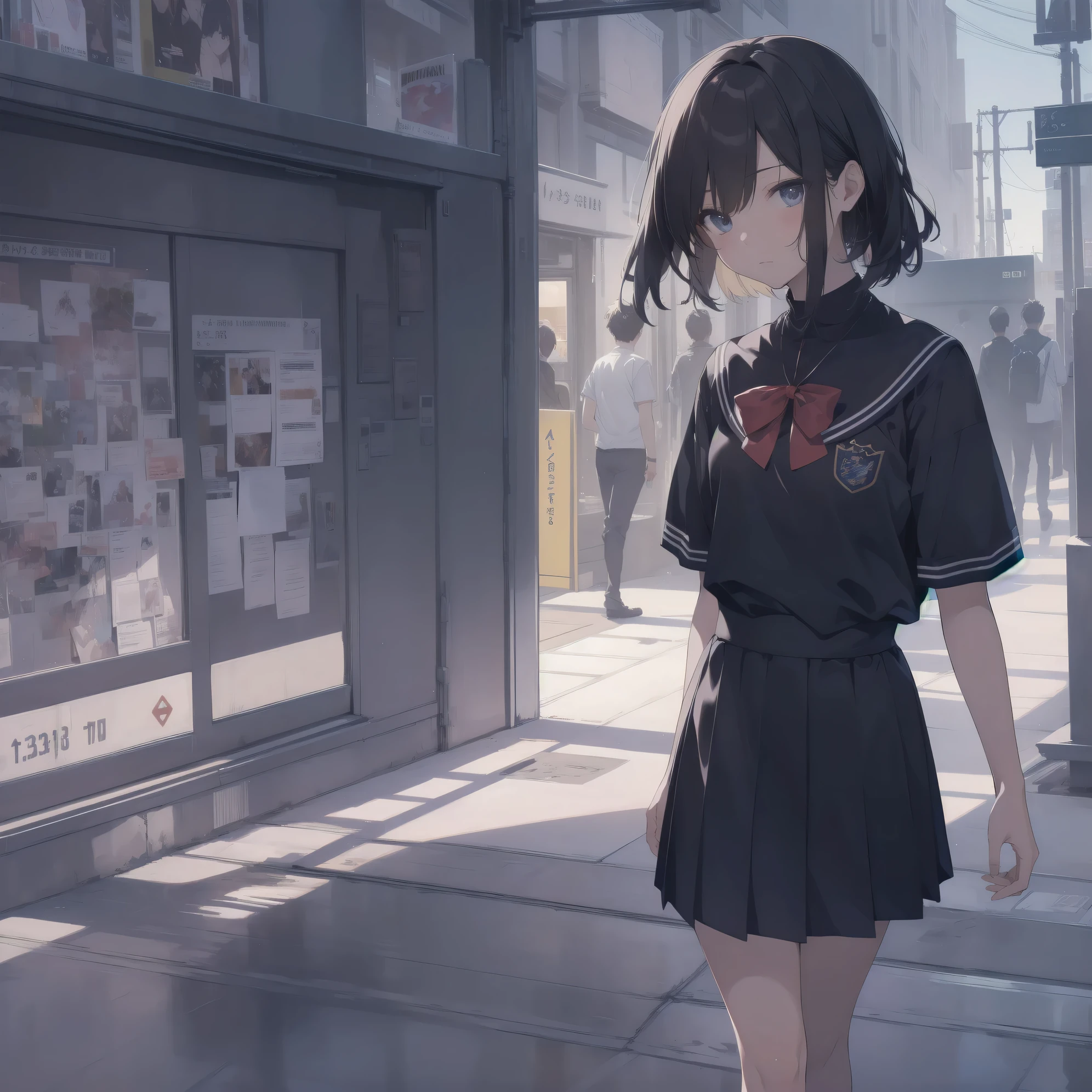 ultra-absurdres-Top quality by artist God, ultra-detailed, high resolution, anime moe artstyle, best anime 8k konachan wallpaper, pixiv contest winner, pool:2810, perfect anatomy,break, 1girl, (Please draw a girl walking sleepily to school alone. )break,(Solo,little female, 13-year-old:1.3),Full limbs, complete fingers,a junior high school student, (very short hair), short cut, flat chest, , small butt, small black eyes, beautiful detailed eyes, well-proportioned iris and pupils, expressive eyes, highres detailed hair, soft expression, salor school_uniform, sailor collar, serahuku, bow, pleated skirt,(Detailed Lighting), (Detailed background), in the School commute route. break,super detailed skin, Best cinematic lighting powered by famous artist, 8k,beauty illustration,photoshop_(medium),very aesthetic,break,((artist:hisona_(suaritesumi) )), artist:clamp ,artist:carnelian ,artist:kantoku ,