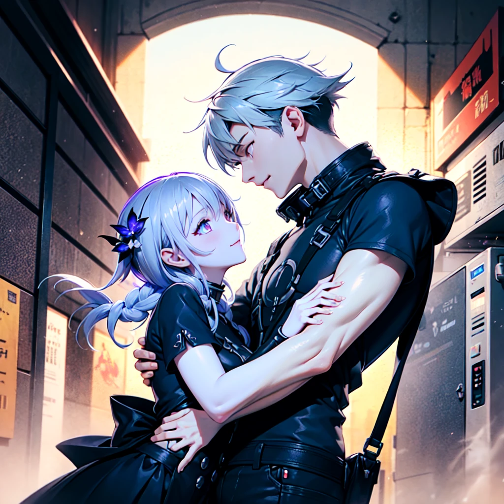 Disorganized、Man and woman couple、highest quality、Masterpiece、Official Art、16K、The best composition、The best light source、The girl has milky white hair with purple inner color, twin long braids, and black clothes in a cyberpunk style.、The man has milky white short hair and a cyberpunk look in white and light blue.、They are gazing at each other lovingly.、A kind smile、