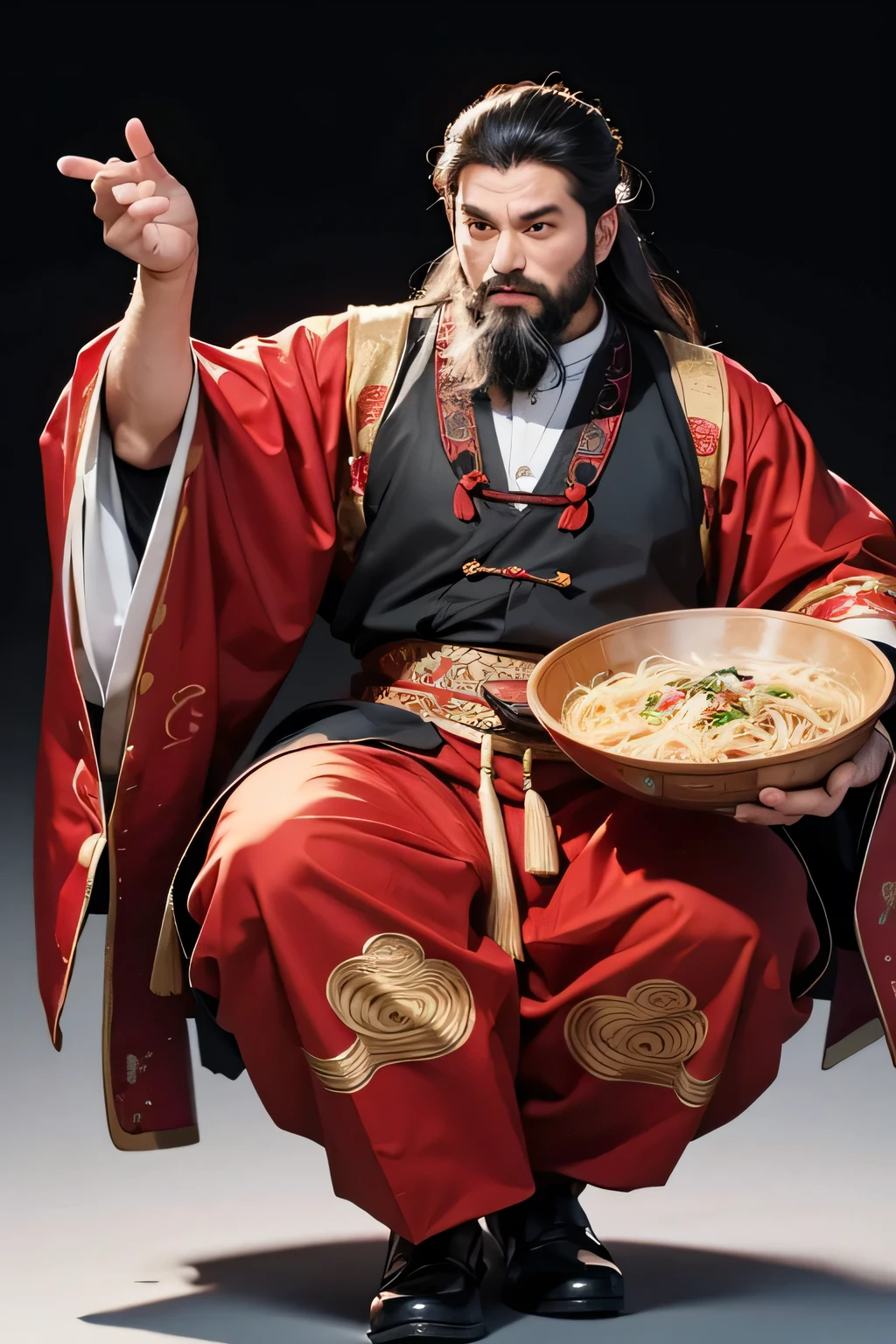 A middle-aged man,With beard and long hair,Wearing traditional Chinese clothing,Pick up noodles from a large bowl with chopsticks,Full body HD picture,Hand gesture six