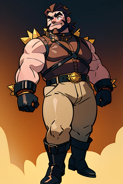 Man Bear_sugardaddy_with big beard_thick eyebrows_sensual smile_big pecs_beefy guy. Wearing harnesses with golden spikes_leather collar_big bulge_black boots_leather gloves.