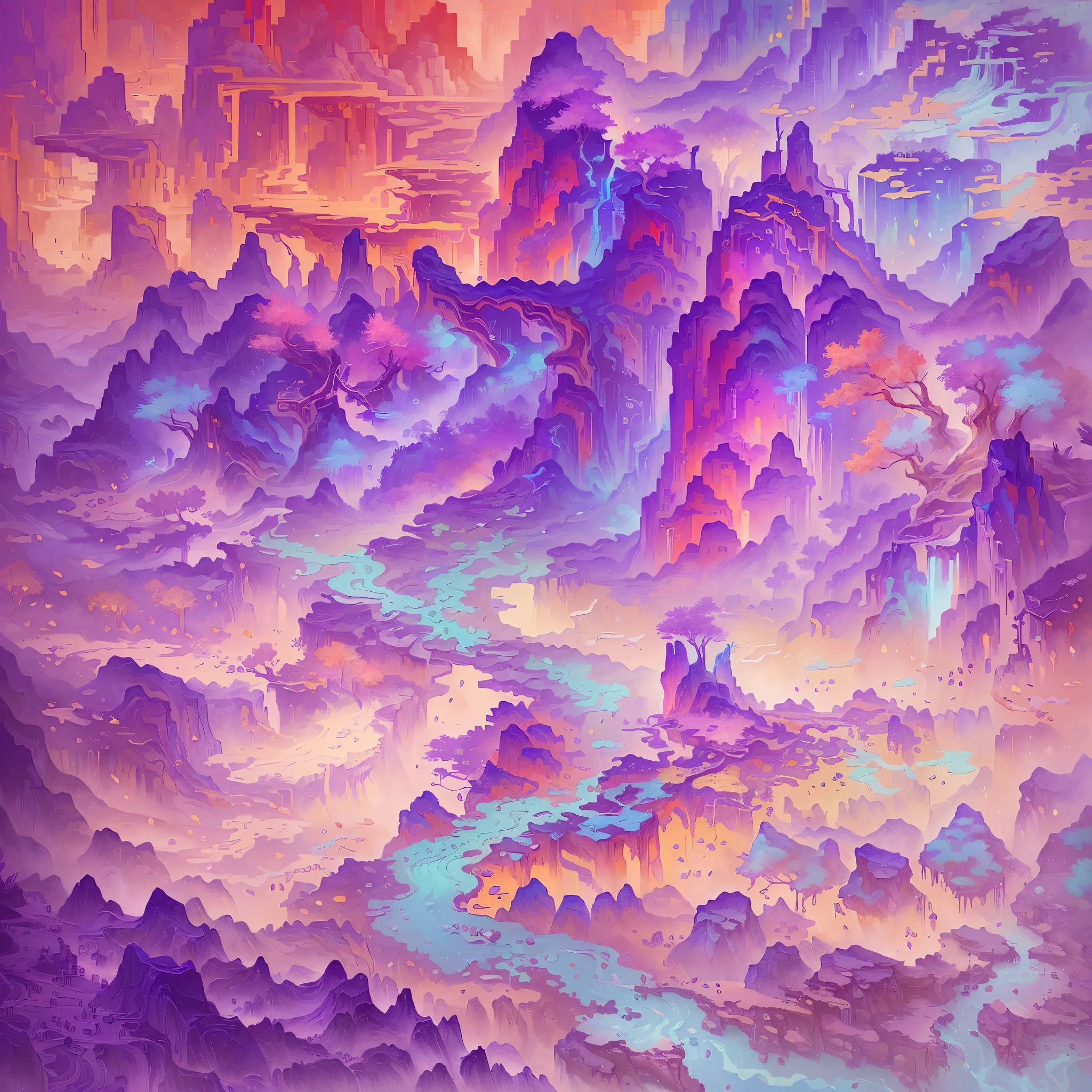There is a landscape painting,There is a river, Detailed game art, Detailed digital 2D fantasy art, Ultra-detailed colorful low-polygon art, Cora Legend setting, Colorful concept art, Depicted as game concept art, ultra Detailed game art, Beautifully detailed pixel art, Detailed game art illustration, 4K detail art, background technology, Britney Lee