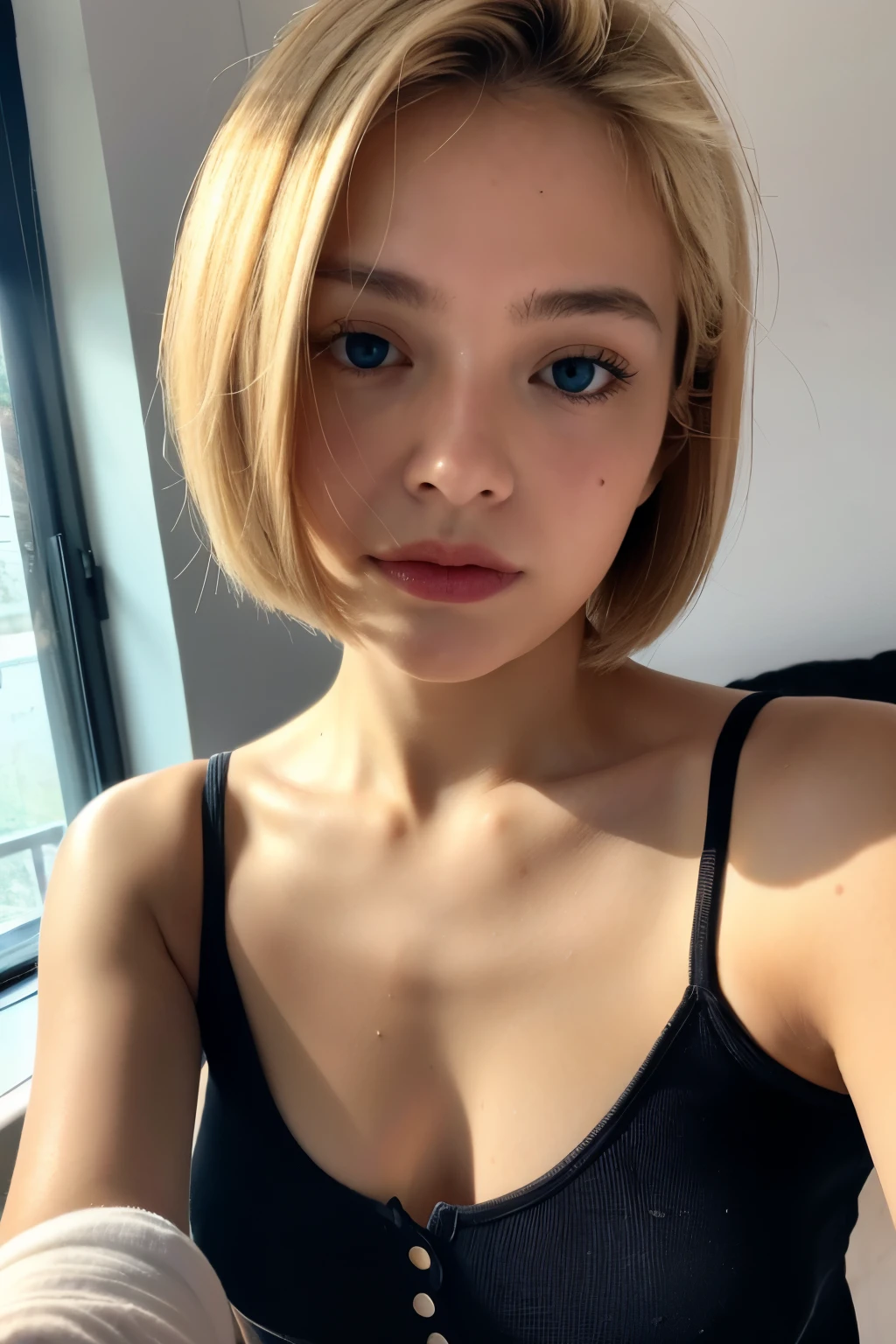 woman amateur, professional photography, photo on iphone, face, 8k quality, 18 years old, blonde, short hair, , wearing a blouse in the bedroom, cute, realistic, signals in face, amateur lighting, shape delicious, very sexy hot, fleshy lips, Small redeeming breasts, face photo