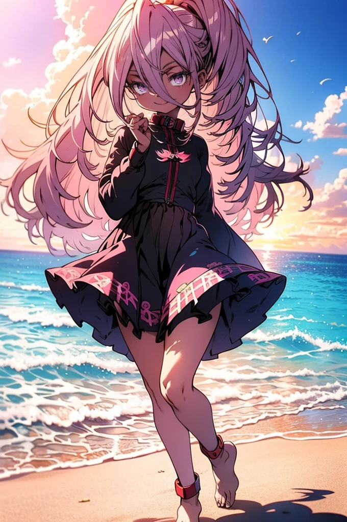 4k, masterpiece, crop top, high detailed, beautiful eyes, long pink hair, high ponytail, purple eyes, mischievous smile, wearing a light, flowing sundress with floral patterns, beach setting, standing barefoot on the sand, gentle waves in the background, bright sunlight, playful and carefree expression, wind lightly blowing her hair and dress, seashells scattered on the sand, summer vibes, relaxed and joyful atmosphere, spider pattern, detailed feet, beautiful eyes, (best quality), (extremely detailed 8K wallpaper), ultra-detailed, cinematic lighting, detailed light, best shadow, anklet, dark skinned, female, Hawaiian, detailed face, beautiful toes, beautiful hands, sunset, two legs,