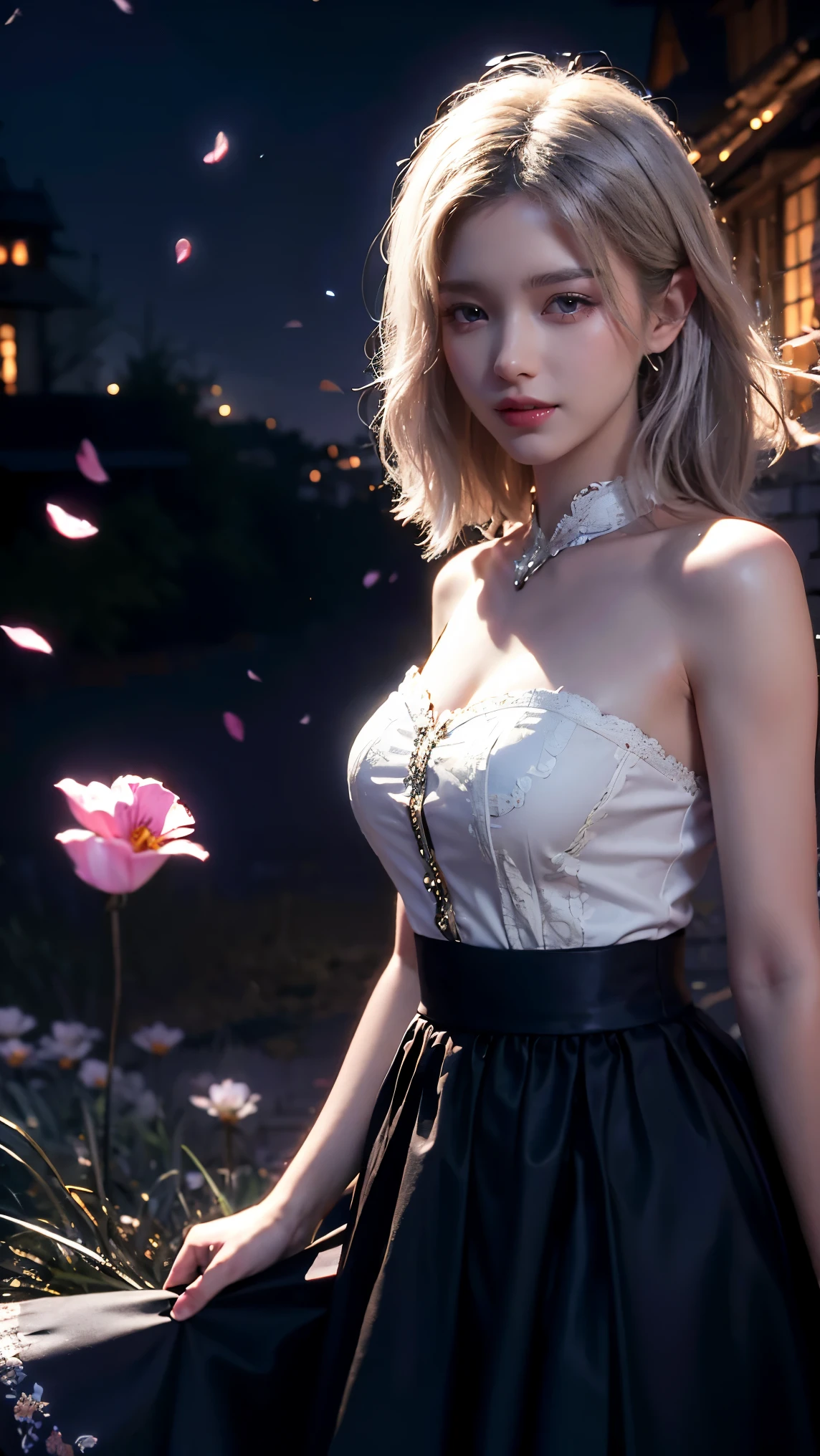 masterpiece, best quality, 1girl, (colorful),(finely detailed beautiful eyes and detailed face),cinematic lighting, bust shot, extremely detailed CG unity 8k wallpaper, white hair, solo, smile, intricate skirt,((flying petal)),(Flowery meadow) sky, cloudy sky, building, moonlight, moon, night, (dark theme:1.3), light, fantasy,