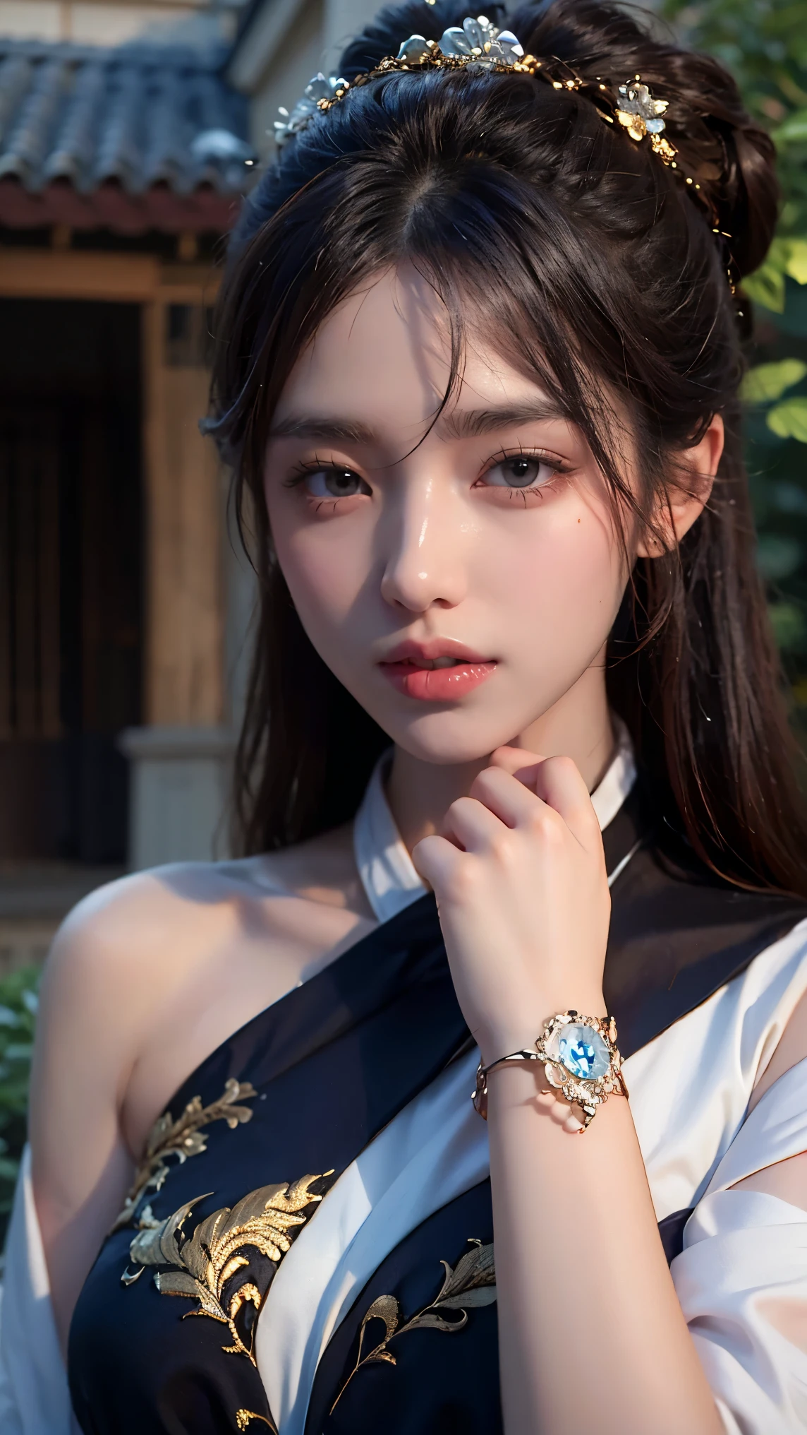 best quality, masterpiece, photo realistic, ultra realistic, raw photo, 1girl, hanfu, standing in front a house, hair ornament, bracelet, beautiful face, beautiful eyes, detailed background, finely detailed