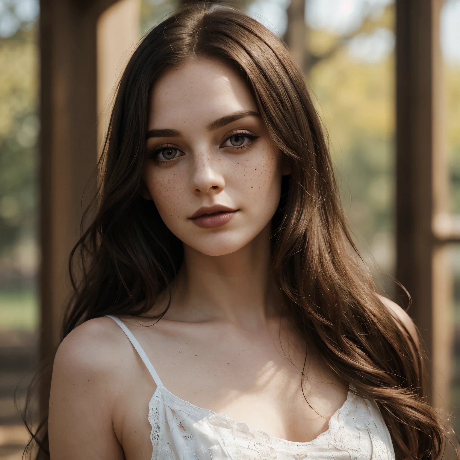 Young toned brunette woman,, long hair, extra pale skin, freckles, bright lighting with shadows, standing, short wavy hair, goth makeup