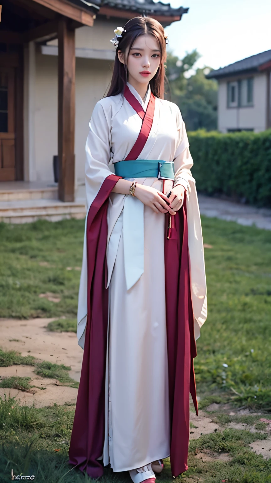 best quality, masterpiece, photo realistic, ultra realistic, raw photo, 1girl, hanfu, standing in front a house, hair ornament, bracelet, beautiful face, beautiful eyes, detailed background, finely detailed
