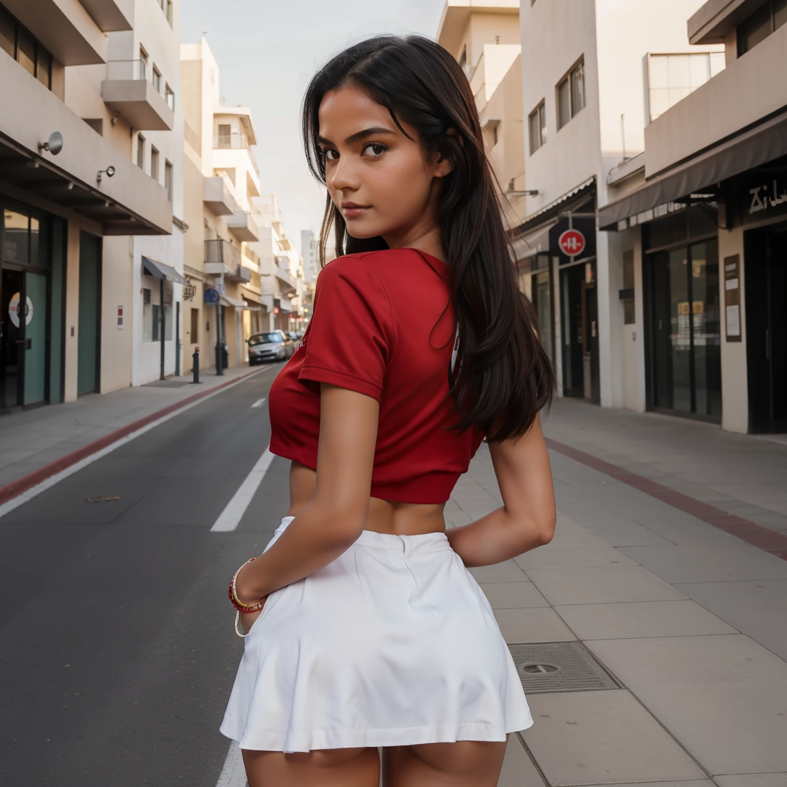 1Girl 16 years old, Lange Haare, small , juicy ass, black hair, nackte Schultern, braunen Augen, Schmuck, full entire body, realistisch, tanned skin in the streets of Los Angeles with a white skirt and red top, running in the streets of Dubai, blick nach vorne, front facing the camera